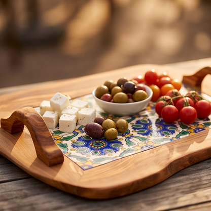 Rustic Olive Wood Ceramic Tray with Handle, serving tray, natural, handmade, gift