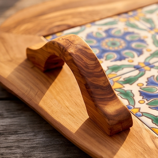 Rustic Olive Wood Ceramic Tray with Handle, serving tray, natural, handmade, gift