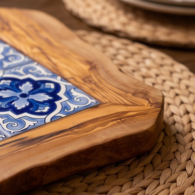 Rustic Olive Wood Ceramic Serving Tray – Various Colours