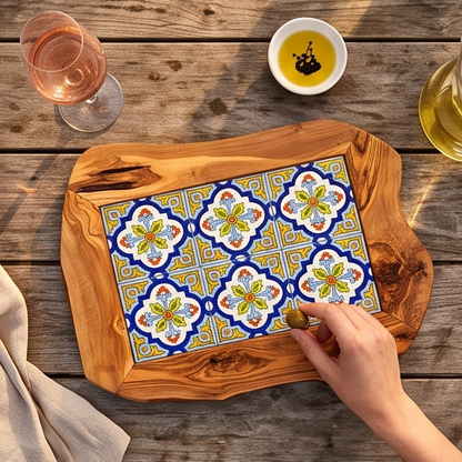 Rustic Olive Wood Ceramic Tray with Handle, serving tray, natural, handmade, gift