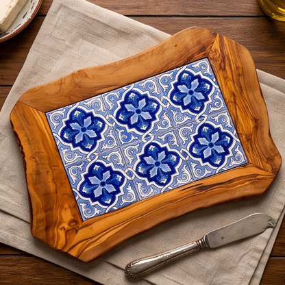 Rustic Olive Wood Ceramic Serving Tray – Various Colours