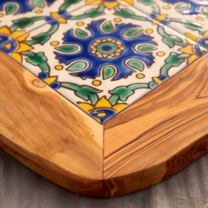 Rustic Olive Wood Ceramic Tray with Handle, serving tray, natural, handmade, gift