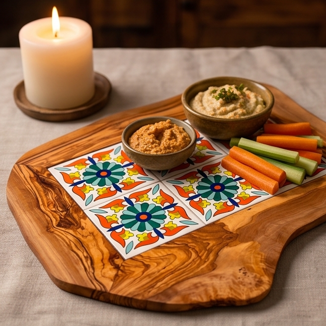 Rustic Olive Wood Ceramic Serving Tray – Various Colours