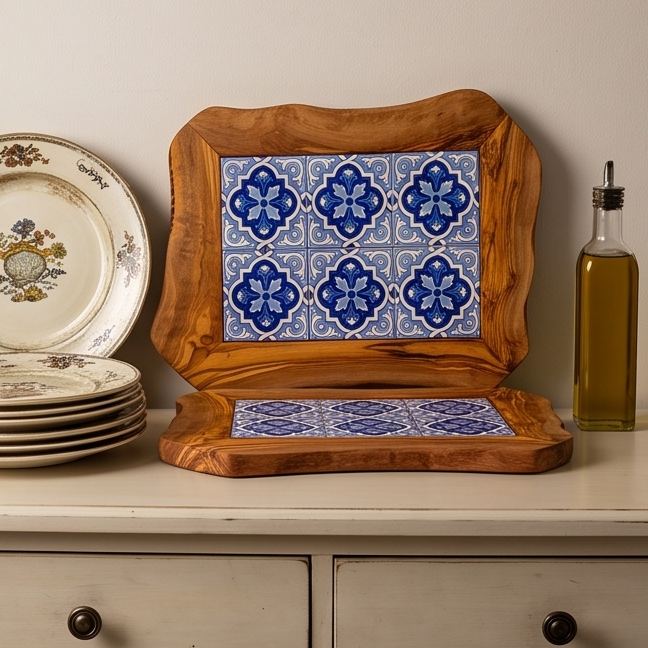 Rustic Olive Wood Ceramic Serving Tray – Various Colours
