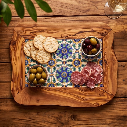 Rustic Olive Wood Ceramic Tray with Handle, serving tray, natural, handmade, gift