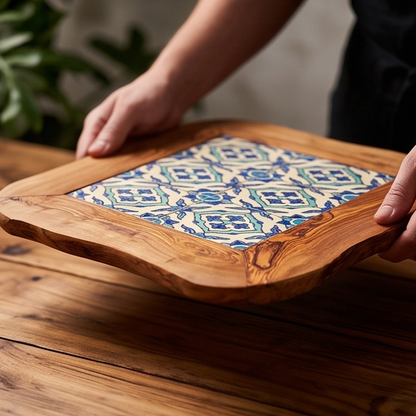 Rustic Olive Wood Ceramic Tray with Handle, serving tray, natural, handmade, gift