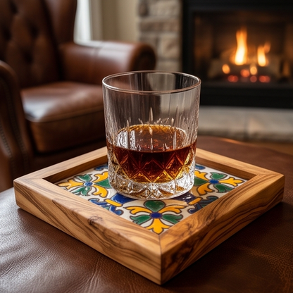 Square Olive Wood Ceramic Tray | Rustic Serving & Décor Accent