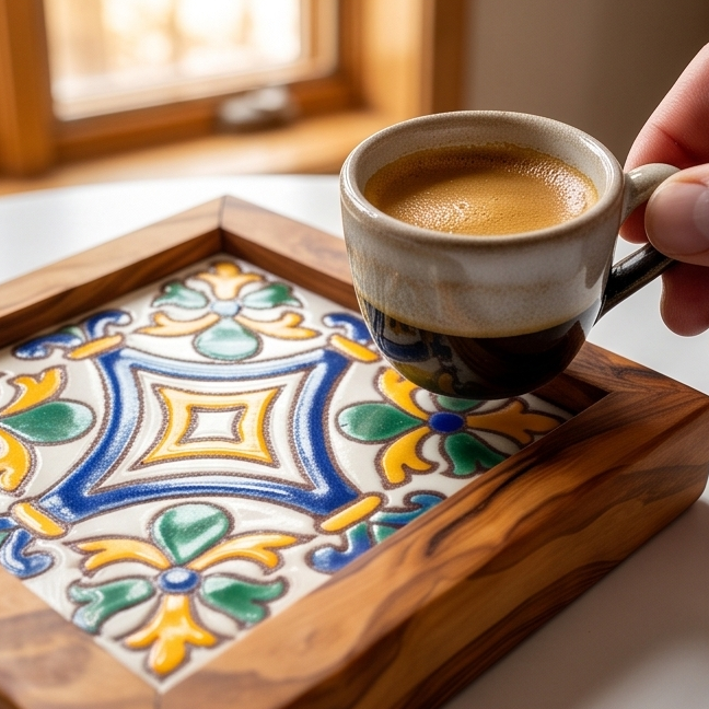 Square Olive Wood Ceramic Tray | Rustic Serving & Décor Accent