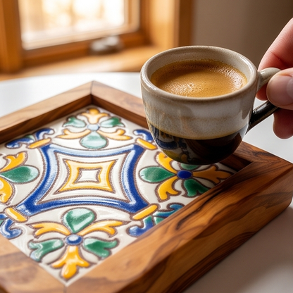 Square Olive Wood Ceramic Tray | Rustic Serving & Décor Accent