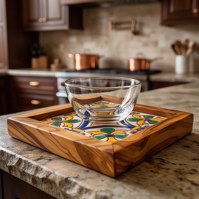 Square Olive Wood Ceramic Tray | Rustic Serving & Décor Accent