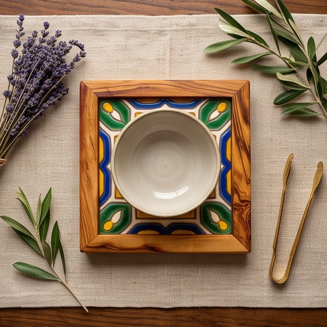 Square Olive Wood Ceramic Tray | Rustic Serving & Décor Accent