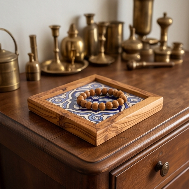 Square Olive Wood Ceramic Tray | Rustic Serving & Décor Accent