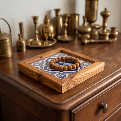 Square Olive Wood Ceramic Tray | Rustic Serving & Décor Accent