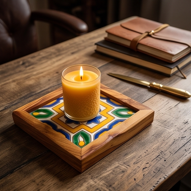 Square Olive Wood Ceramic Tray | Rustic Serving & Décor Accent