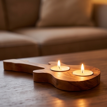 Handcrafted Olive Wood Guitar Candle Holder (25 cm) – Double Tealight Music Gift