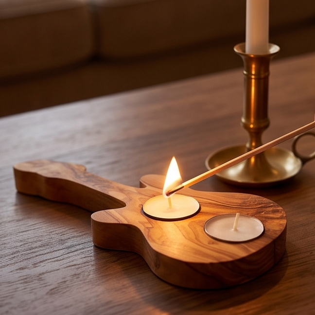 Handcrafted Olive Wood Guitar Candle Holder (25 cm) – Double Tealight Music Gift