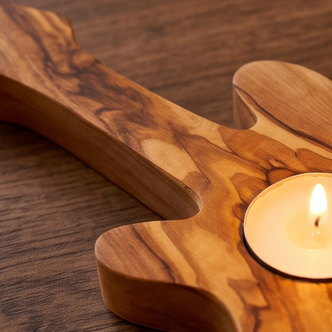 Handcrafted Olive Wood Guitar Candle Holder (25 cm) – Double Tealight Music Gift