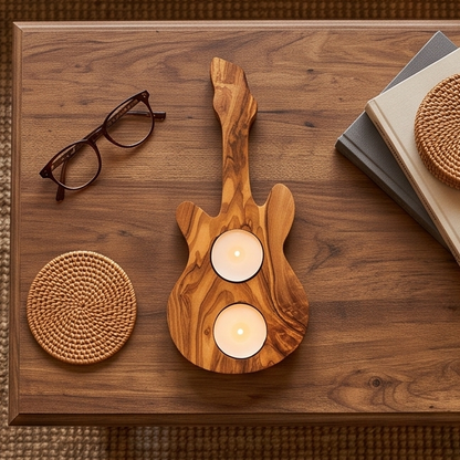 Handcrafted Olive Wood Guitar Candle Holder (25 cm) – Double Tealight Music Gift