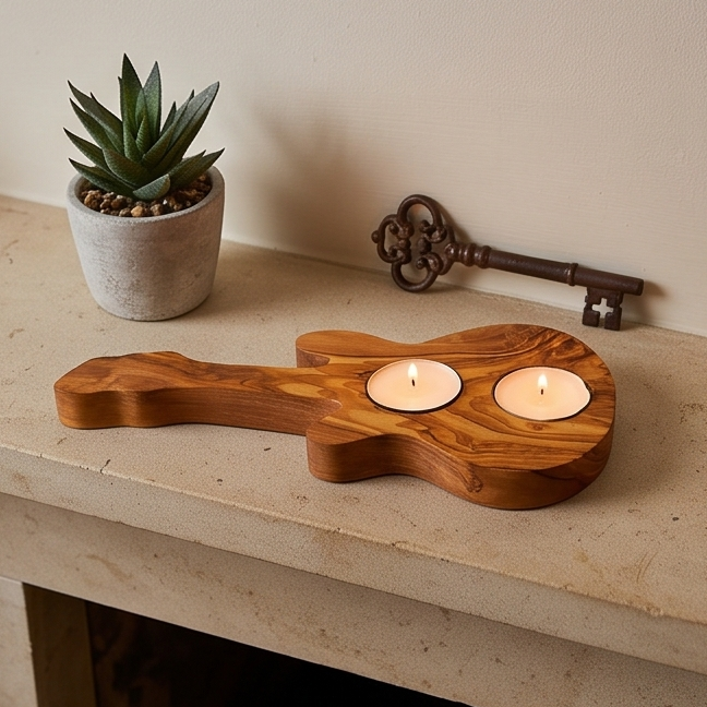 Handcrafted Olive Wood Guitar Candle Holder (25 cm) – Double Tealight Music Gift