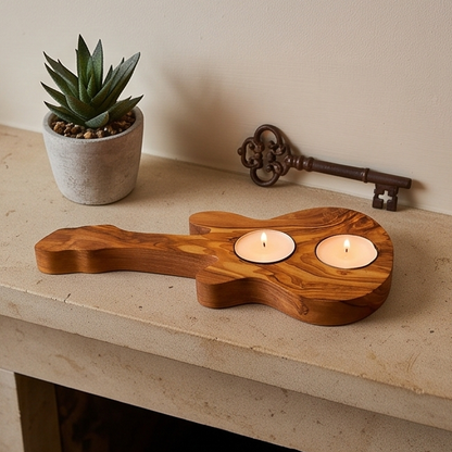 Handcrafted Olive Wood Guitar Candle Holder (25 cm) – Double Tealight Music Gift