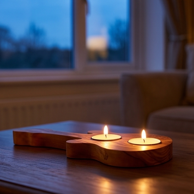 Handcrafted Olive Wood Guitar Candle Holder (25 cm) – Double Tealight Music Gift