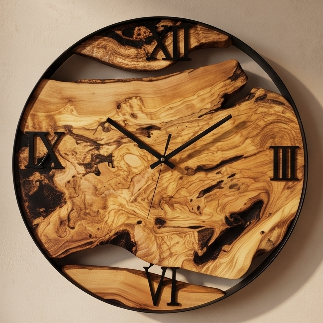 Round Olive Wood Wall Clock with Metal Hoop | Modern Statement Décor