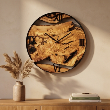 Round Olive Wood Wall Clock with Metal Hoop | Modern Statement Décor