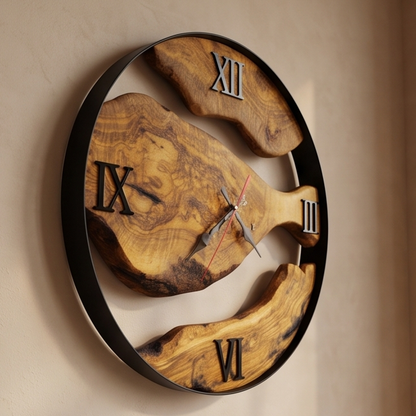 Round Olive Wood Wall Clock with Metal Hoop | Modern Statement Décor