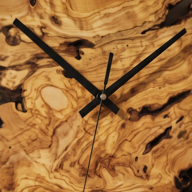 Round Olive Wood Wall Clock with Metal Hoop | Modern Statement Décor