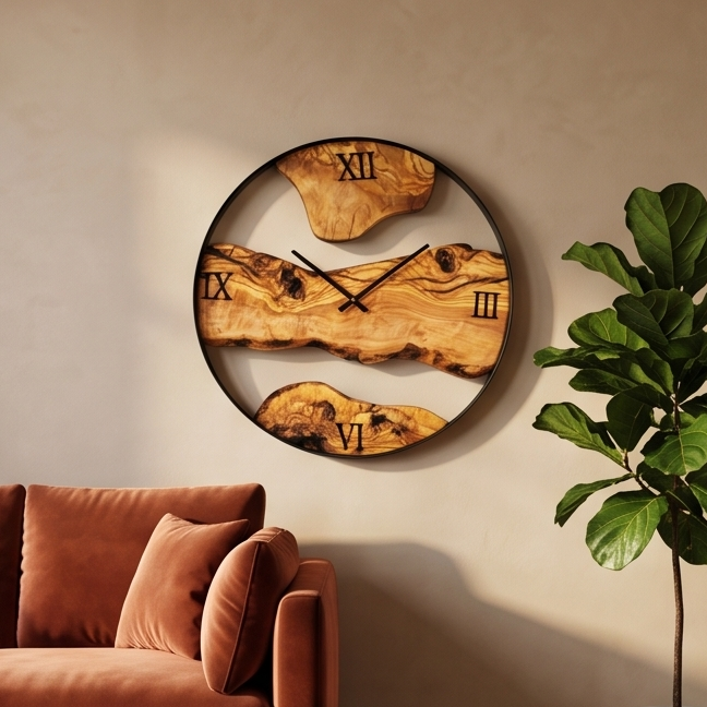 Round Olive Wood Wall Clock with Metal Hoop | Modern Statement Décor