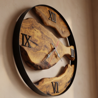 Round Olive Wood Wall Clock with Metal Hoop | Modern Statement Décor