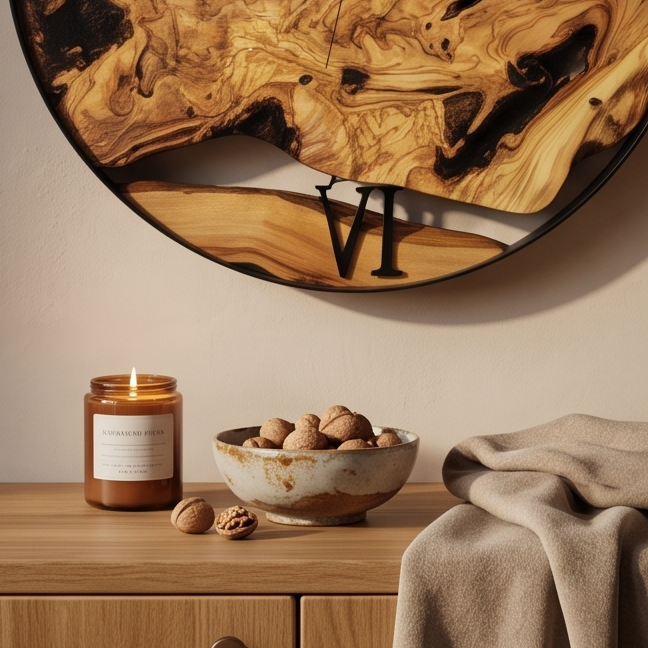 Round Olive Wood Wall Clock with Metal Hoop | Modern Statement Décor