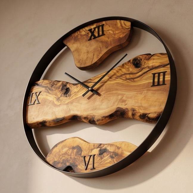 Round Olive Wood Wall Clock with Metal Hoop | Modern Statement Décor