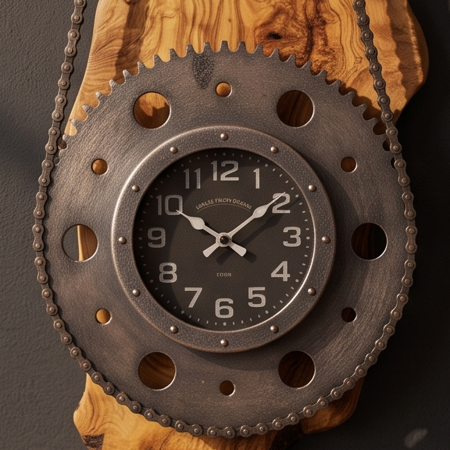 Industrial Olive Wood Gear Wall Clock