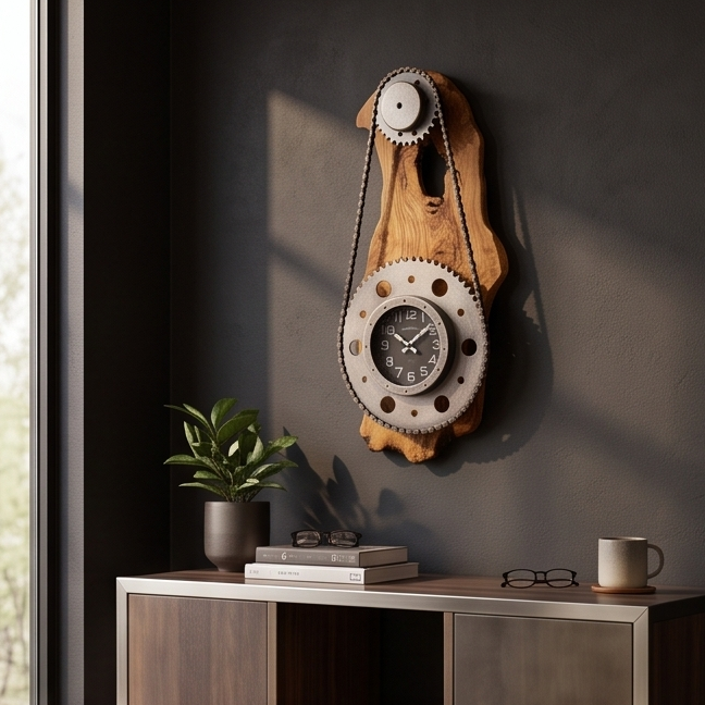 Industrial Olive Wood Gear Wall Clock