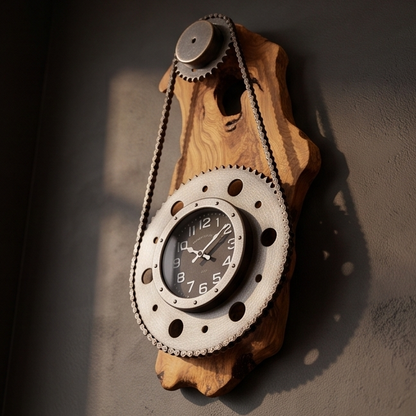 Industrial Olive Wood Gear Wall Clock