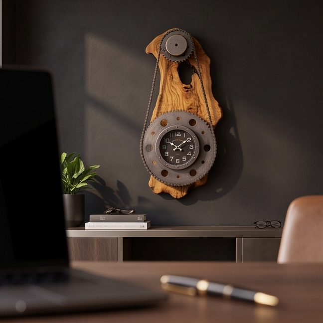 A rustic wall clock made from a natural wood slab and metal gears, mounted on a dark gray wall above a desk with a laptop and plant in the foreground.