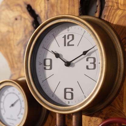 Industrial Multi-Gauge Olive Wood Wall Clock | Steampunk Weather Station Style