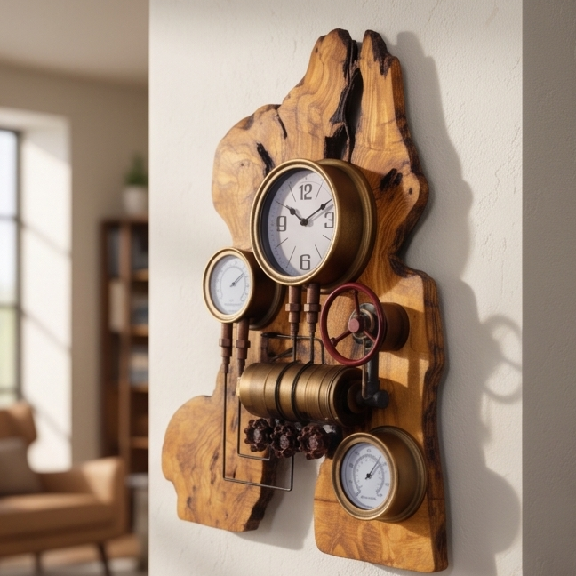 Industrial Multi-Gauge Olive Wood Wall Clock | Steampunk Weather Station Style