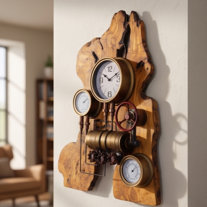 Industrial Multi-Gauge Olive Wood Wall Clock | Steampunk Weather Station Style