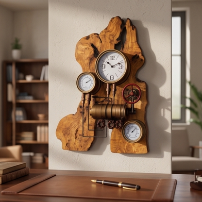 Industrial Multi-Gauge Olive Wood Wall Clock | Steampunk Weather Station Style