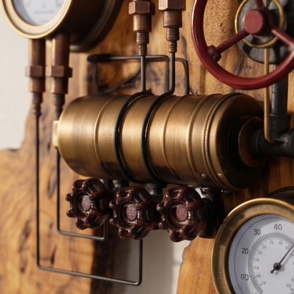 Industrial Multi-Gauge Olive Wood Wall Clock | Steampunk Weather Station Style