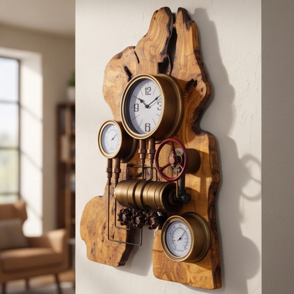 Industrial Multi-Gauge Olive Wood Wall Clock | Steampunk Weather Station Style