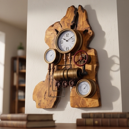 Industrial Multi-Gauge Olive Wood Wall Clock | Steampunk Weather Station Style