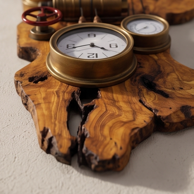 Industrial Multi-Gauge Olive Wood Wall Clock | Steampunk Weather Station Style