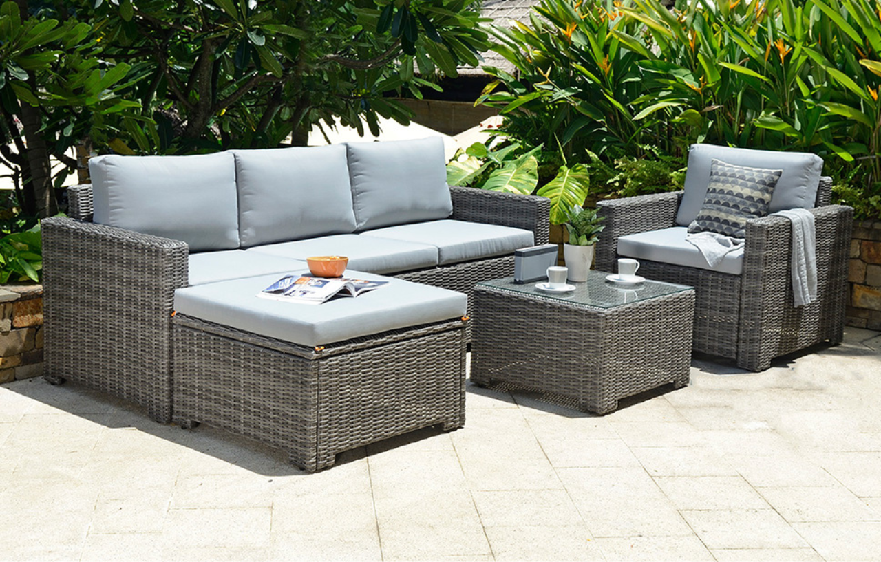 MINT Outdoor Marbella grey 5-seater garden sofa set with matching ottoman and protective cover included, outdoor furniture for patio.