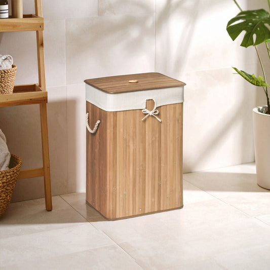 Orsina Kankyo rectangular laundry hamper made of natural bamboo, designed for storing and carrying laundry efficiently.