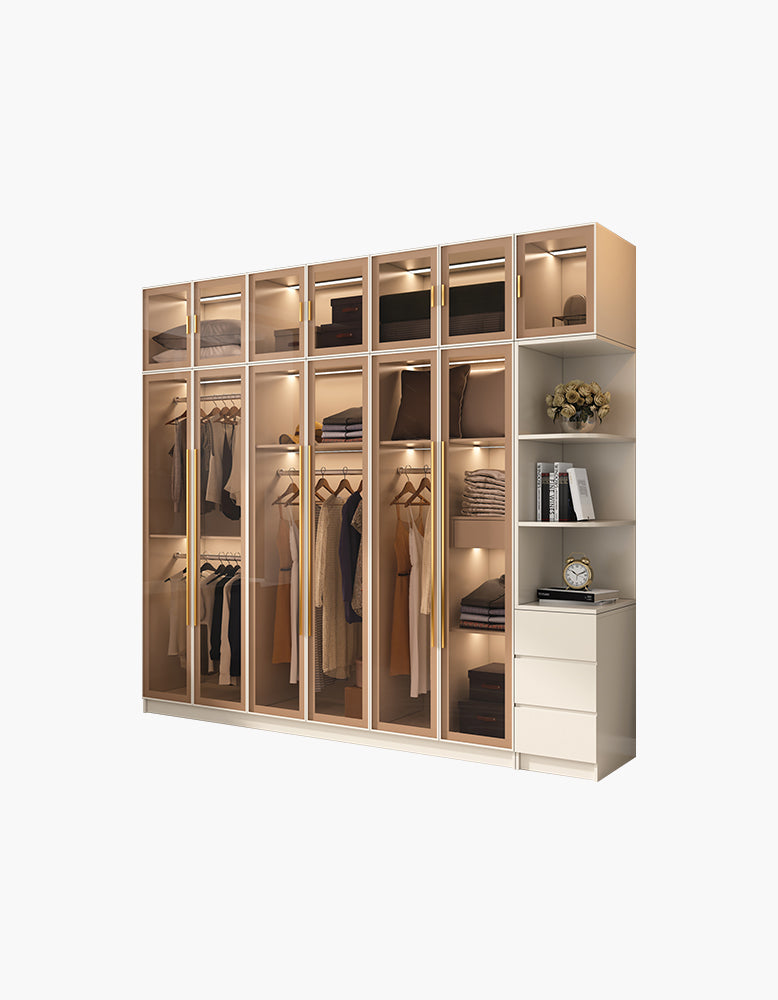 DC Concept Varela glass door wardrobe with LED lights, corner design, available in multiple sizes, modern bedroom storage solution.