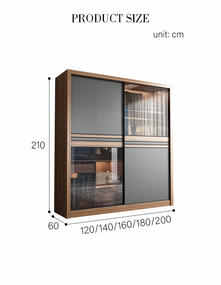 Ueda double sliding door wardrobe with built-in lights, crafted from wood, featuring sleek sliding doors and modern design.