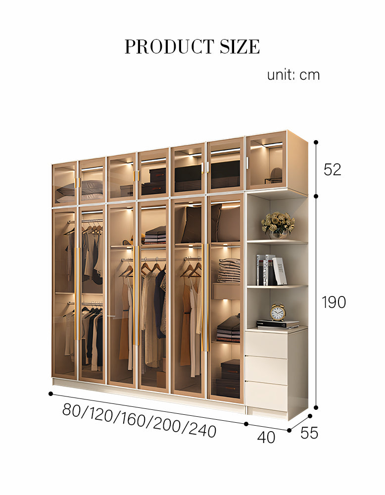 DC Concept Varela glass door wardrobe with built-in lights, available in multiple sizes, corner design, modern bedroom storage solution.